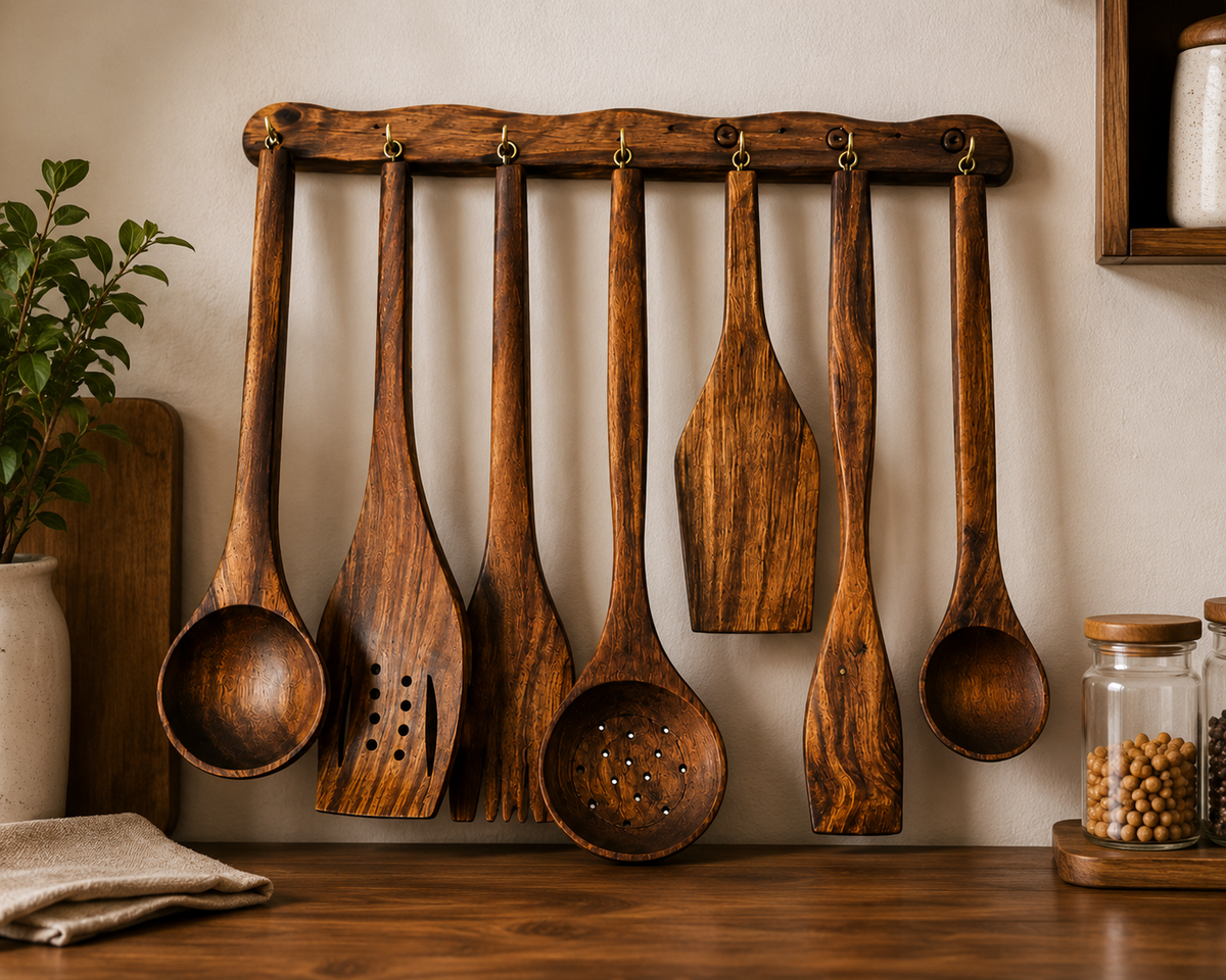 Handcrafted Wooden Kitchen Utensil Set with Hanging Rack | Premium Wooden Cooking & Serving Tools