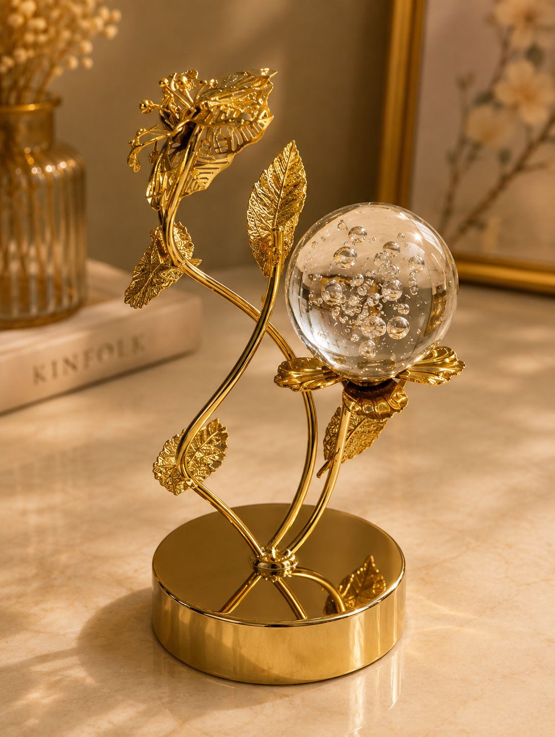 Luxury Gold Rose Crystal Globe Ornament – Modern Metal Decorative Sculpture for Home & Office