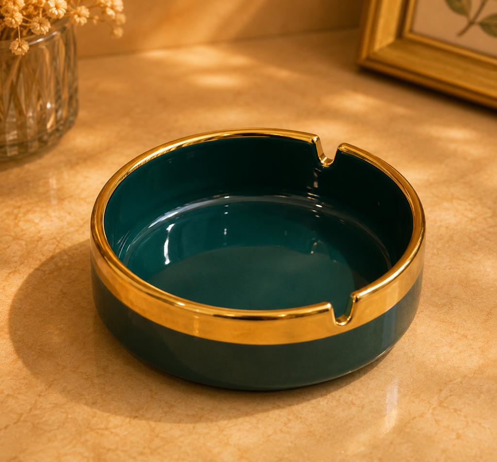Luxury White Ceramic and Greeen Ashtray with Gold Rim – Modern Round Cigar & Cigarette Ash Holder for Home, Office & Table Décor