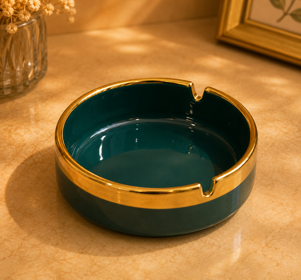 Luxury White Ceramic and Greeen Ashtray with Gold Rim – Modern Round Cigar & Cigarette Ash Holder for Home, Office & Table Décor