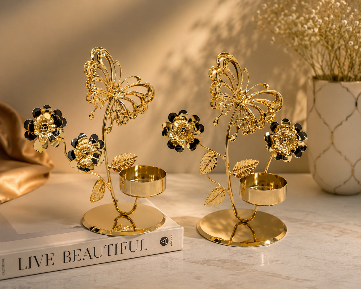 Luxury Gold Butterfly Metal Tealight Candle Holder Set – Decorative Floral Candle Stand for Home, Wedding & Table Centerpiece