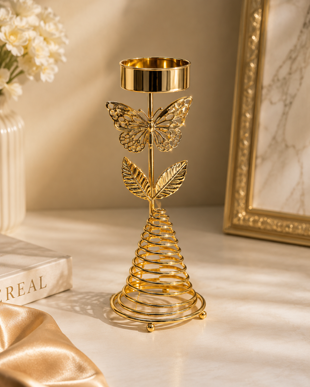 Luxury Gold Metal Tealight Candle Holder Set – Butterfly & Sunflower Decorative Candle Stand for Home, Wedding & Table Centerpiece