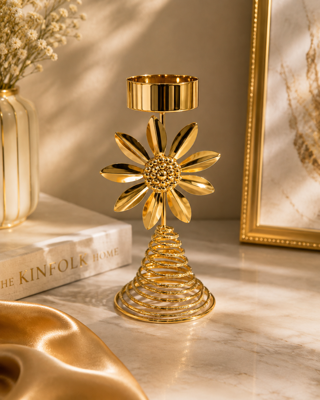 Luxury Gold Metal Tealight Candle Holder Set – Butterfly & Sunflower Decorative Candle Stand for Home, Wedding & Table Centerpiece