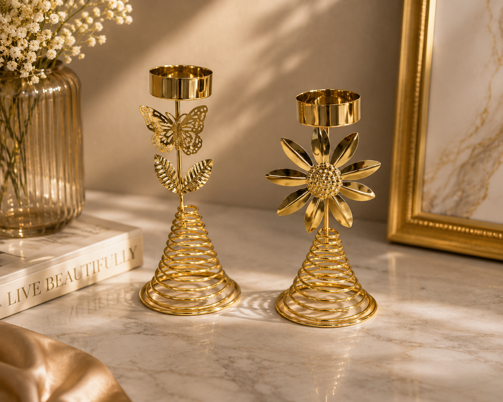 Luxury Gold Metal Tealight Candle Holder Set – Butterfly & Sunflower Decorative Candle Stand for Home, Wedding & Table Centerpiece