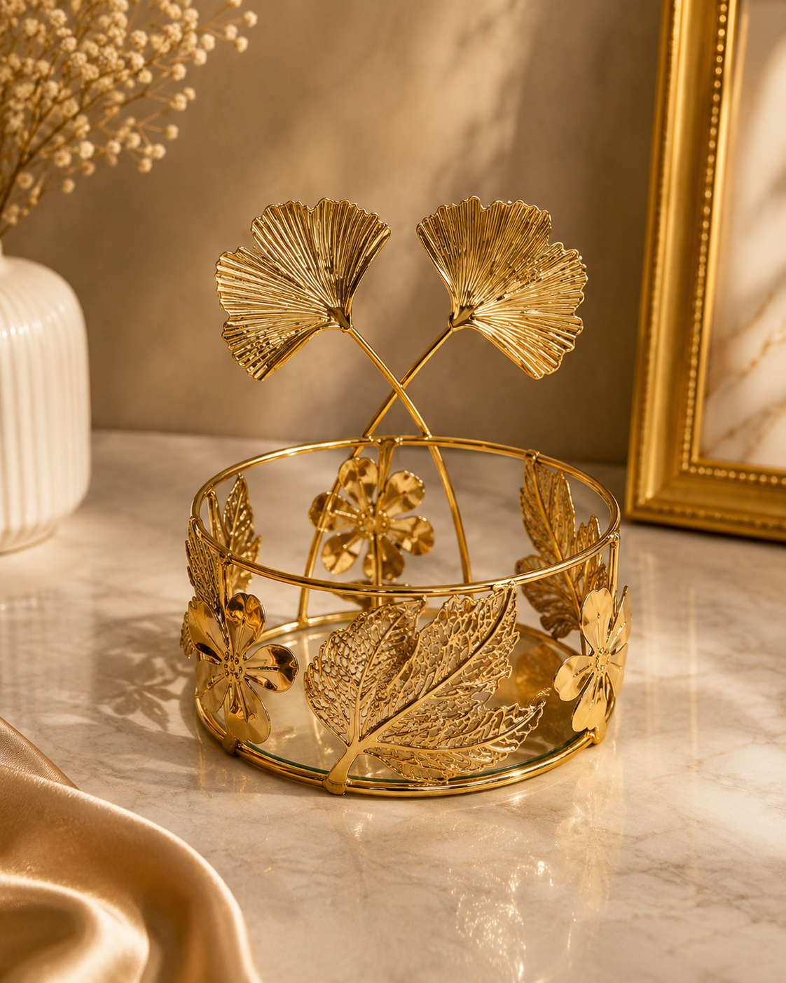 Luxury Gold Decorative Tray Set with Ginkgo Leaf Design – Metal Vanity Organizer for Jewelry, Keys & Home Décor