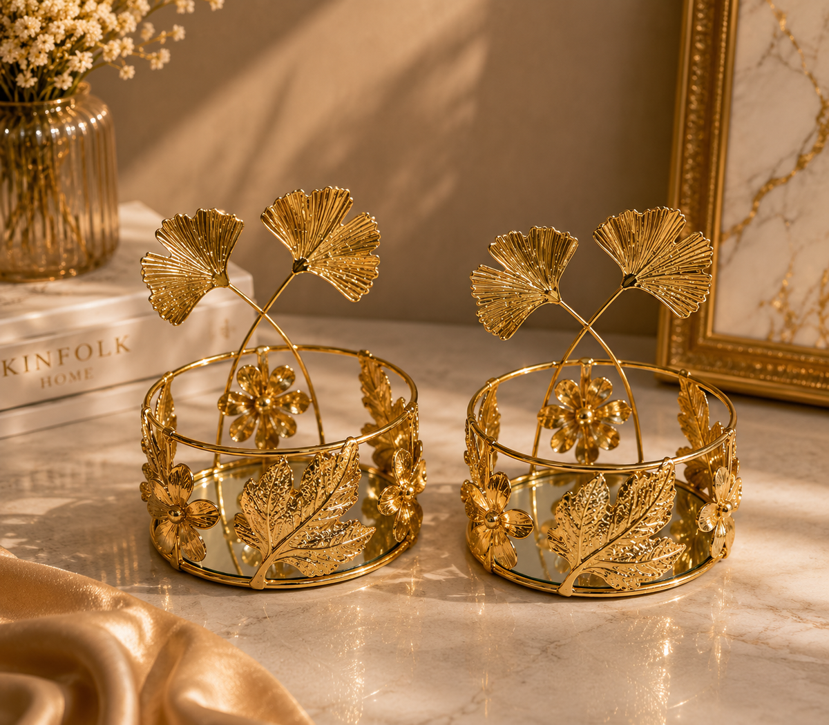 Luxury Gold Decorative Tray Set with Ginkgo Leaf Design – Metal Vanity Organizer for Jewelry, Keys & Home Décor