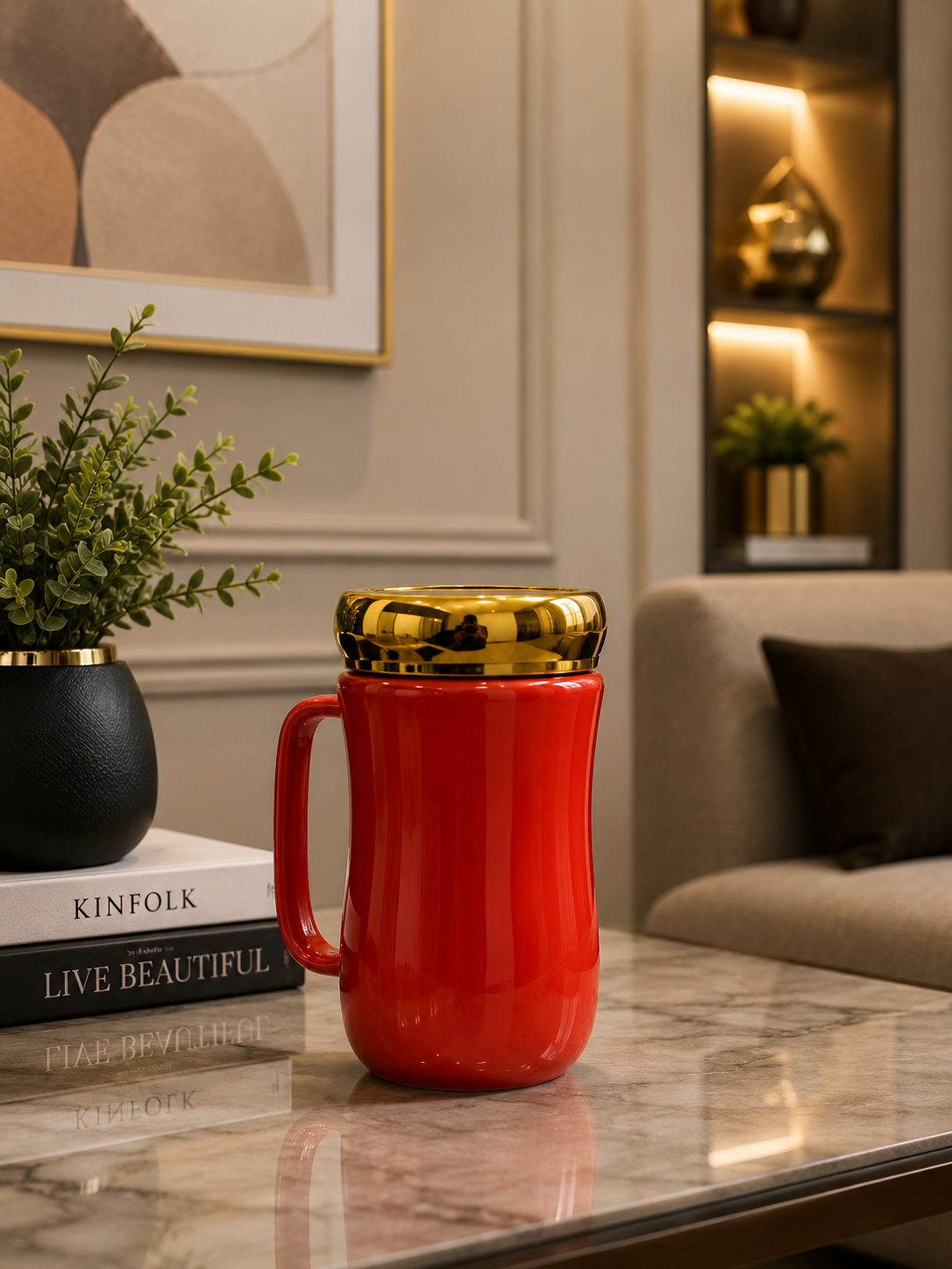 Luxury Red Ceramic Coffee Mug with Golden Lid