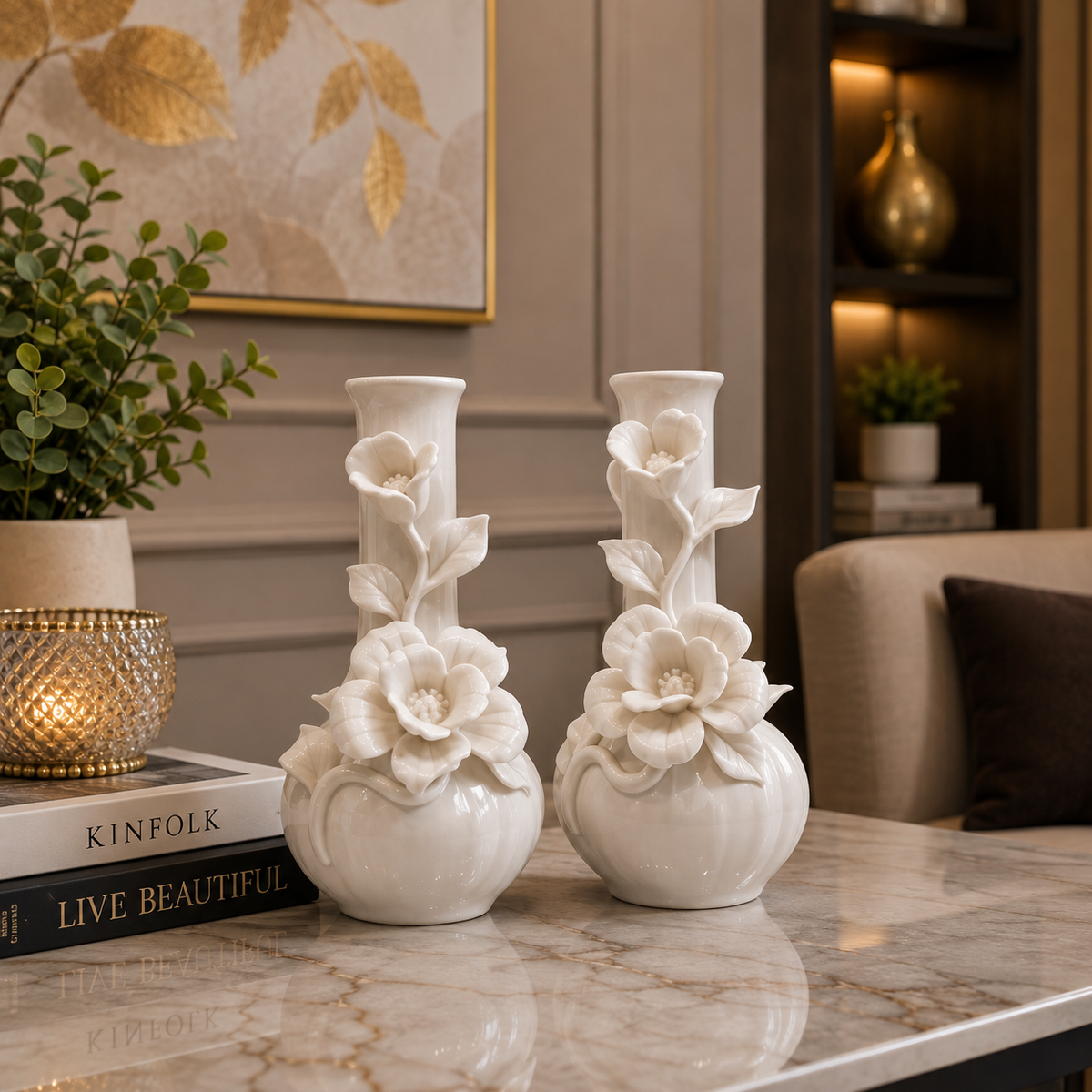 Luxury White Ceramic Flower Vase Set of 2 | Elegant Decorative Flower Vases | Modern Home Decor