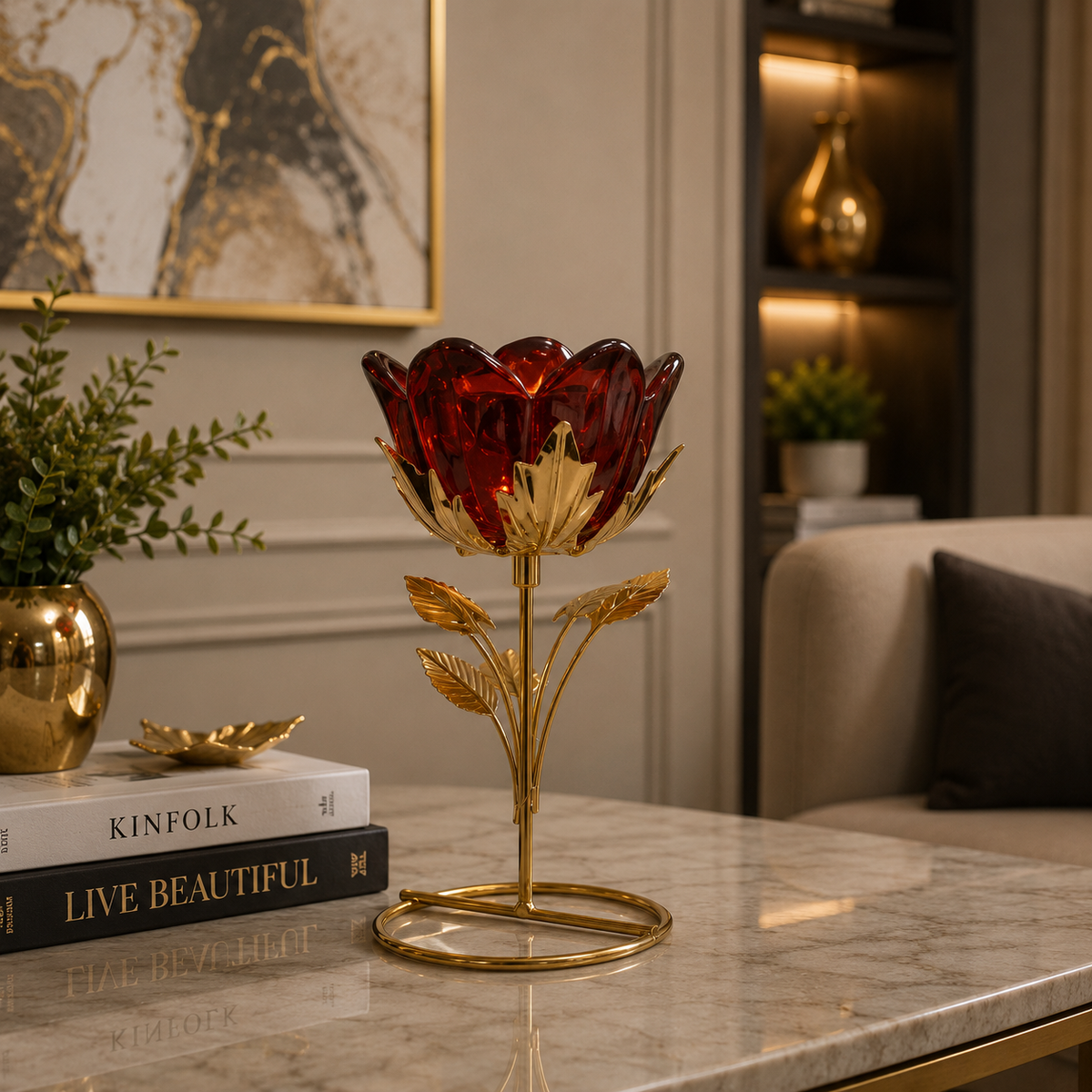 Luxury Crystal Rose Candle Holder | Red Glass Flower Tealight Holder