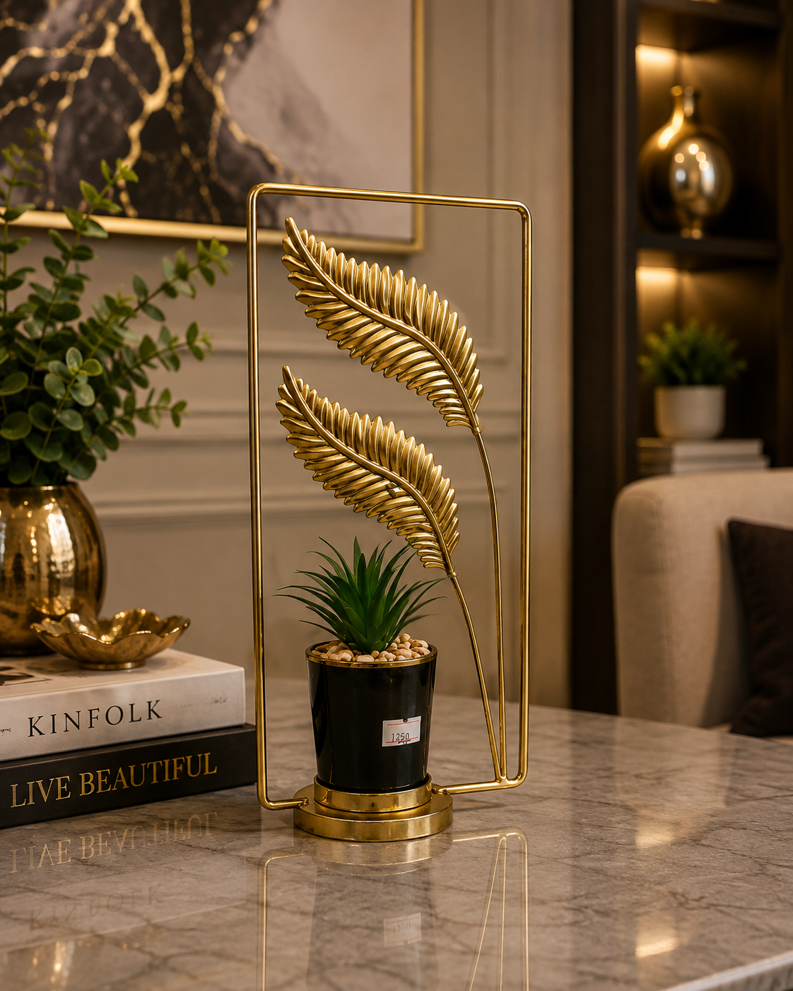 Luxury Golden Leaf Artificial Plant Stand | Modern Tabletop Planter