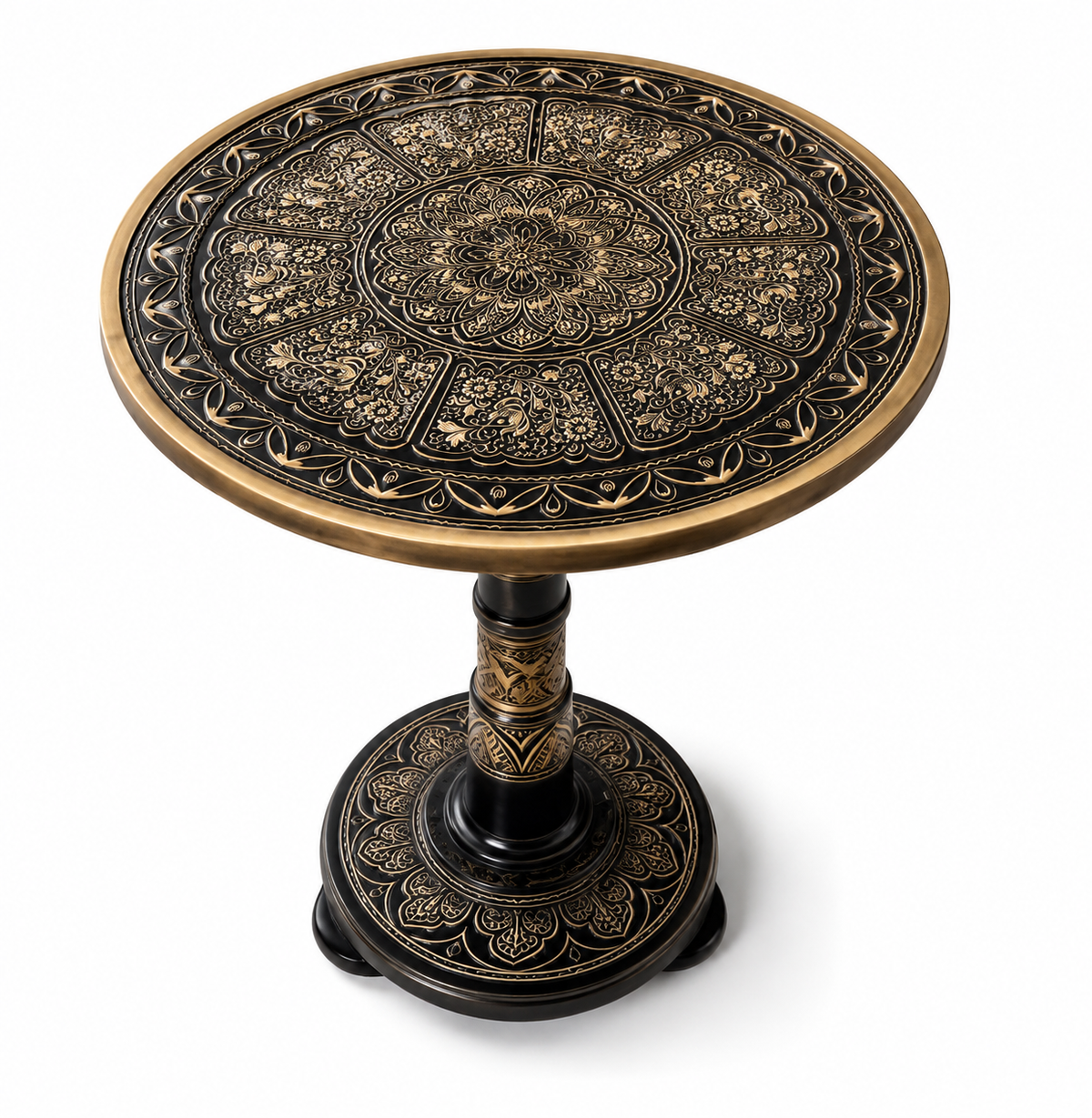 Luxury Black & Gold Round Side Table | Ornate Wooden Accent Table for Living Room & Home Decor