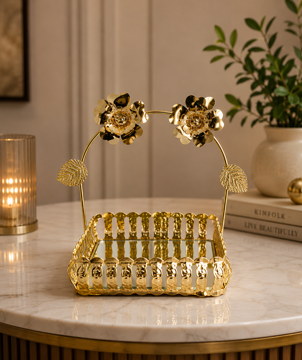 Golden Decorative Serving Tray | Luxury Floral Handle Table Tray for Home Décor