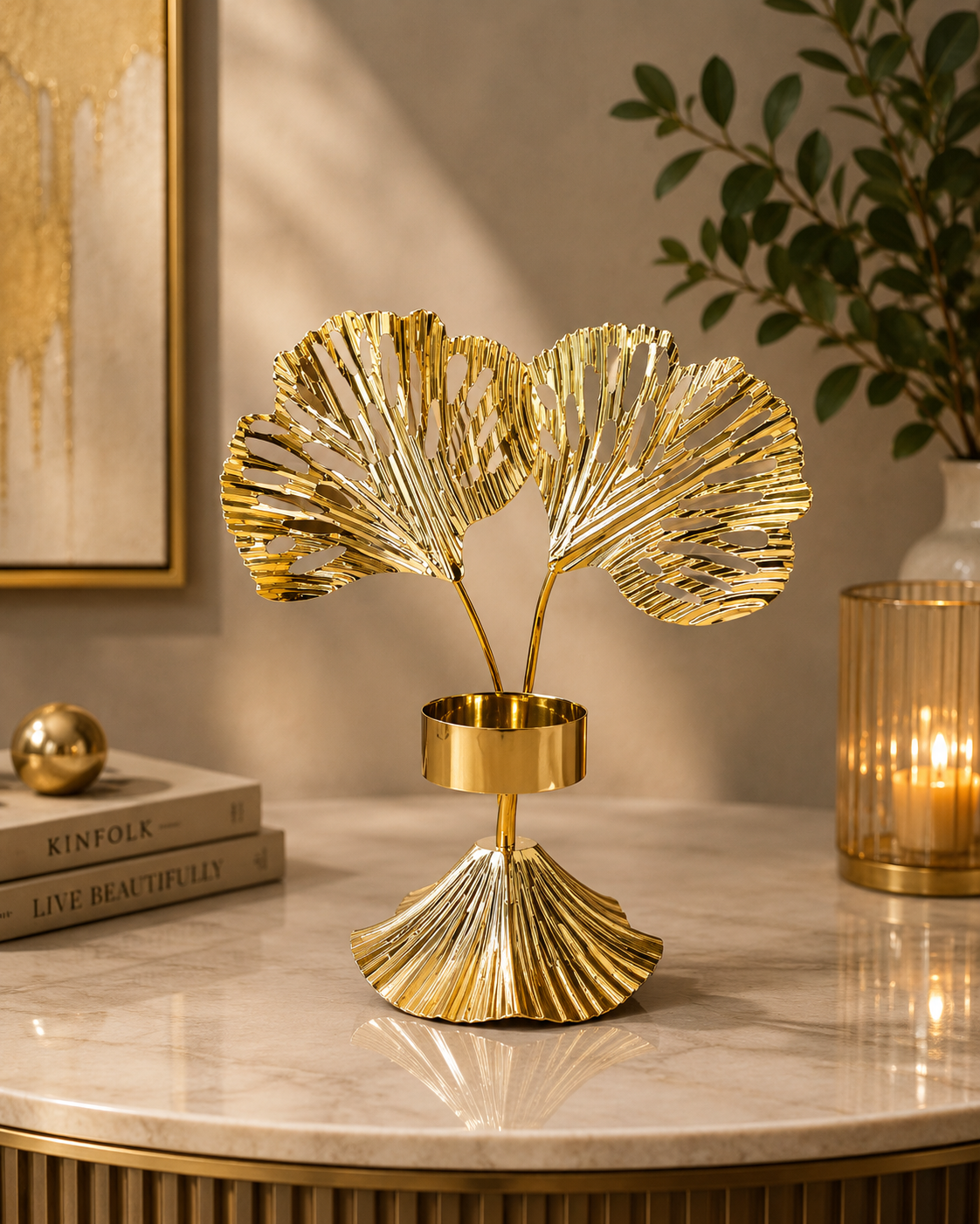 Golden Leaf Candle Holder | Luxury Decorative Candle Stand | Elegant Table Centerpiece