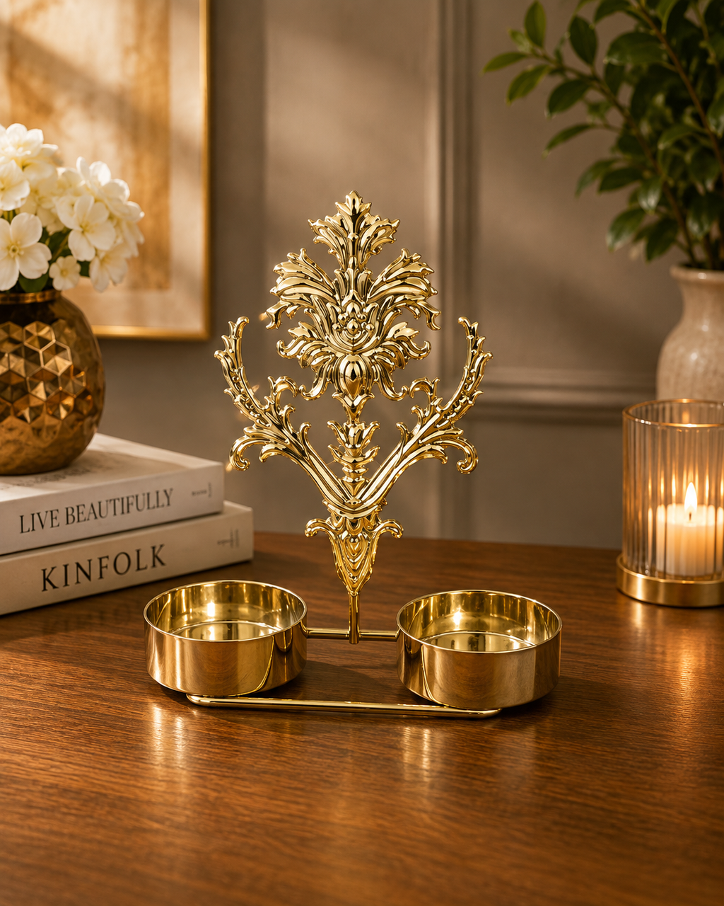 Golden Double Bowl Decorative Candle Holder | Luxury Floral Table Centerpiece for Home Décor