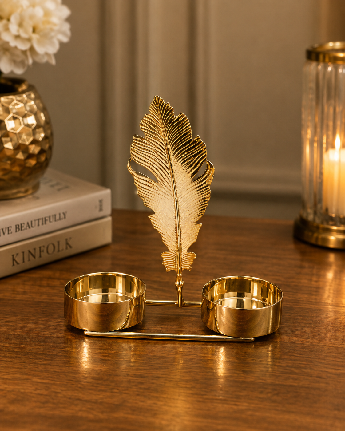 Golden Double Bowl Decorative Candle Holder | Luxury Floral Table Centerpiece for Home Décor