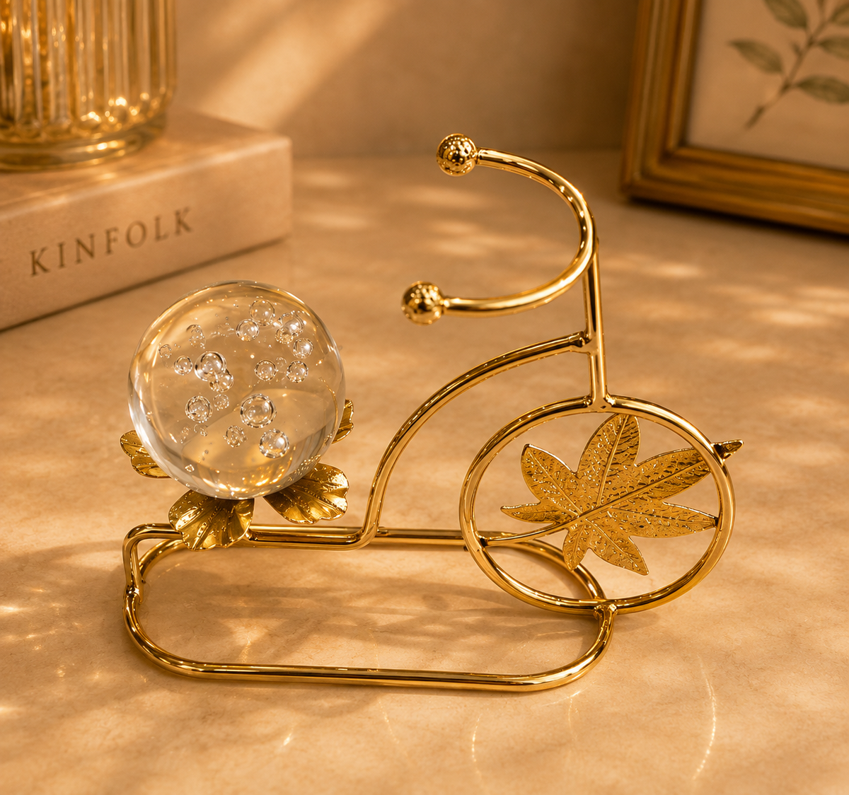 Luxury Gold Bicycle Crystal Globe Ornament – Modern Metal Decorative Sculpture for Home & Office Decor