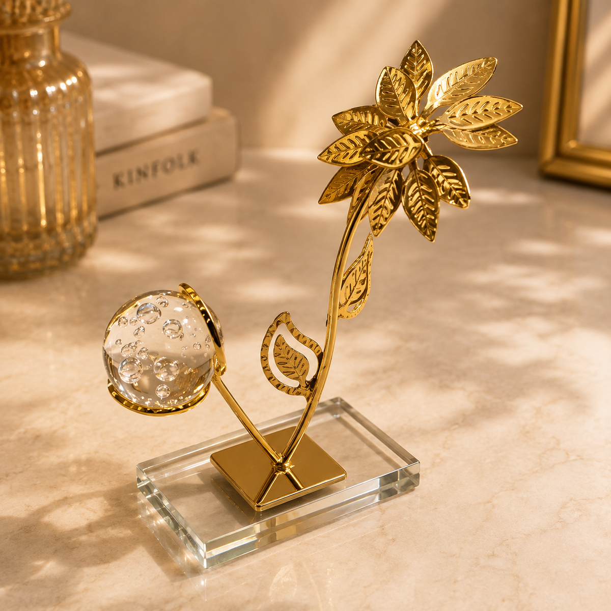 Luxury Gold Crystal Flower Ornament – Modern Decorative Table Sculpture for Home & Office Decor