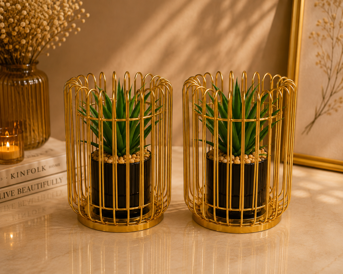 Luxury Gold Metal Plant Stand with Decorative Pot – Modern Tabletop Planter for Home & Office Decor